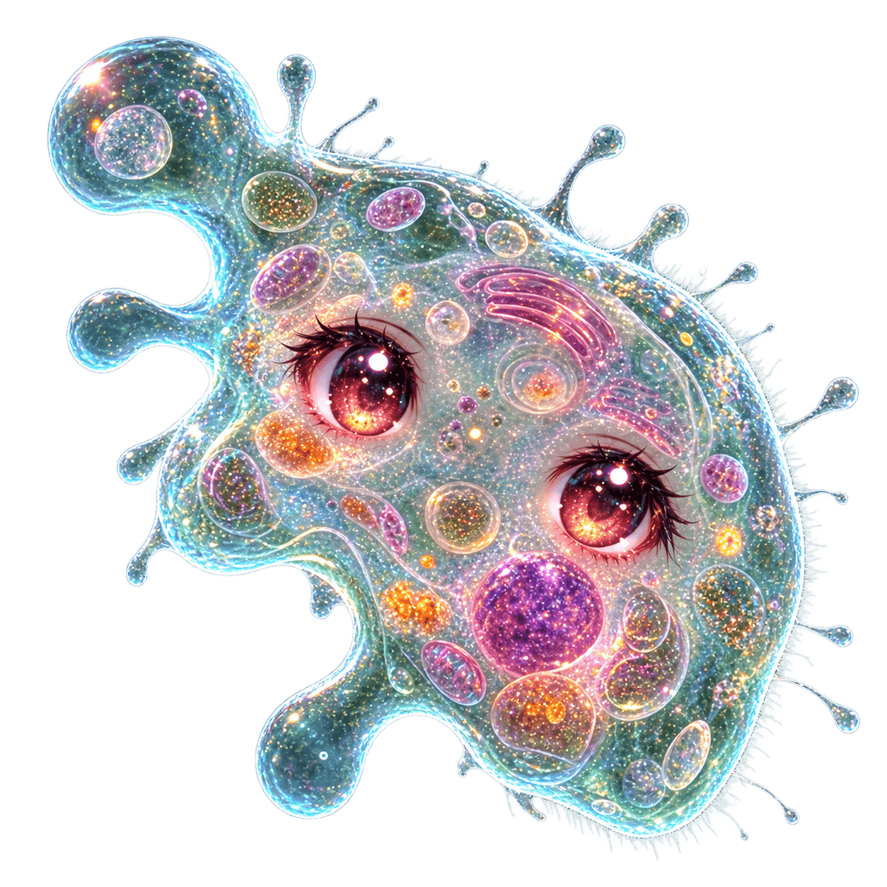 Amoeba Chan, a translucent sparkle-eyed single-celled organism with iridescent organelles