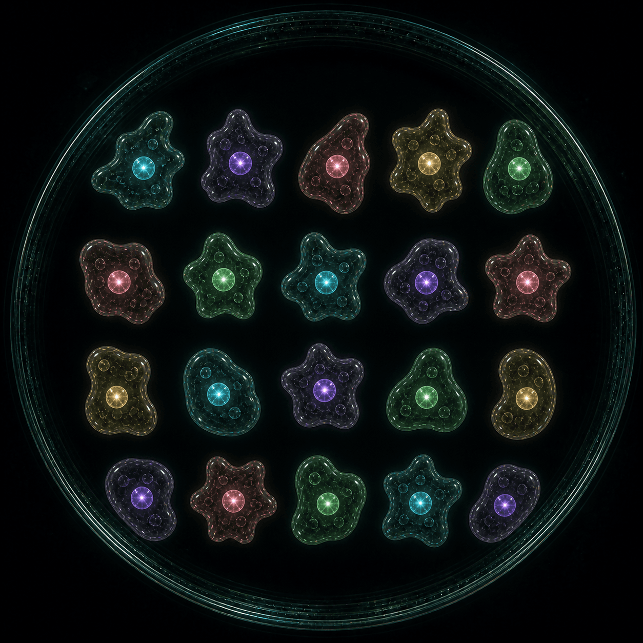 Twenty distinct translucent amoeba specimens arranged as four rows of five inside laboratory glass