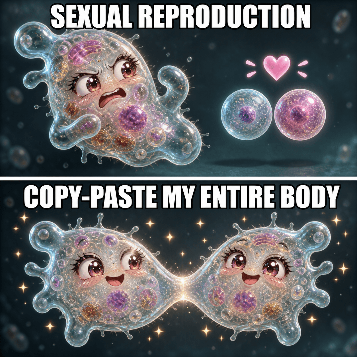 Two-panel Amoeba Chan reaction meme about copying and pasting an entire body