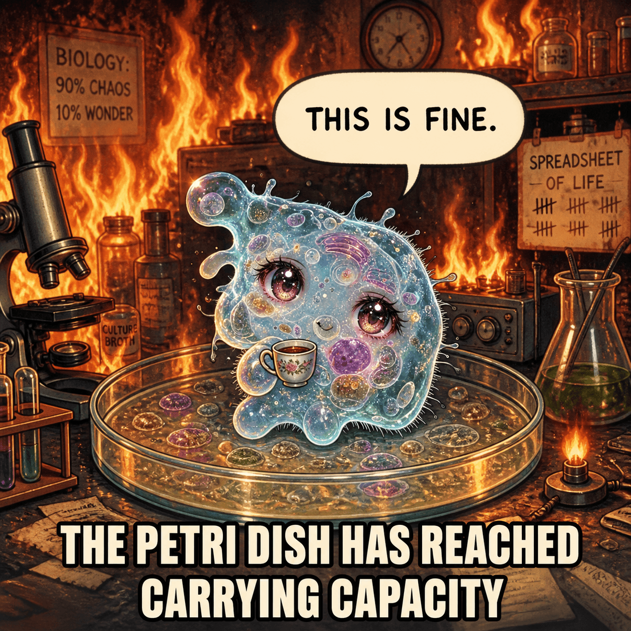 Amoeba Chan laboratory disaster meme about carrying capacity