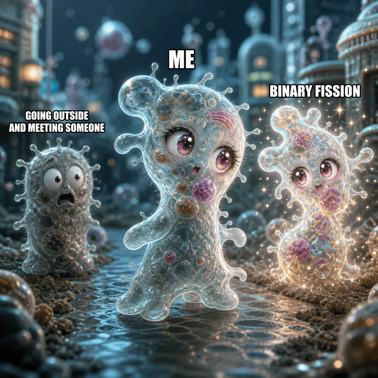 Three-character Amoeba Chan meme about choosing binary fission