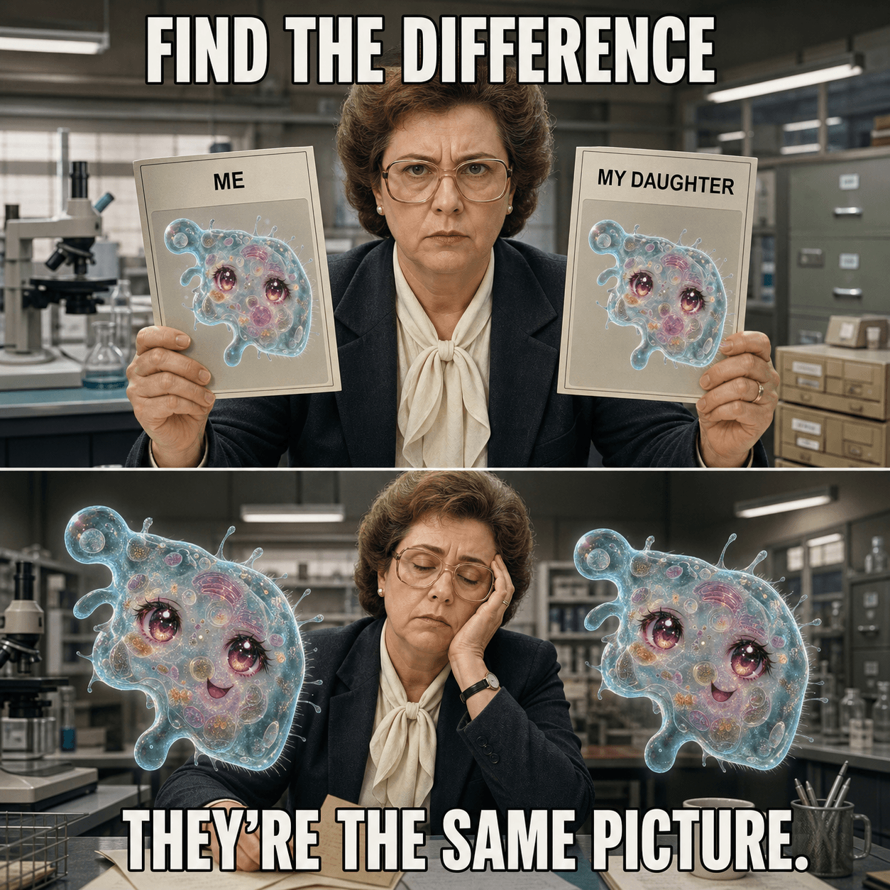 Amoeba Chan office comparison meme about two pictures being the same