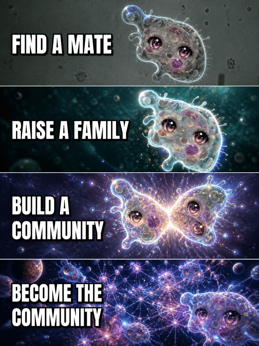 Four-stage Amoeba Chan cosmic escalation meme about becoming the community