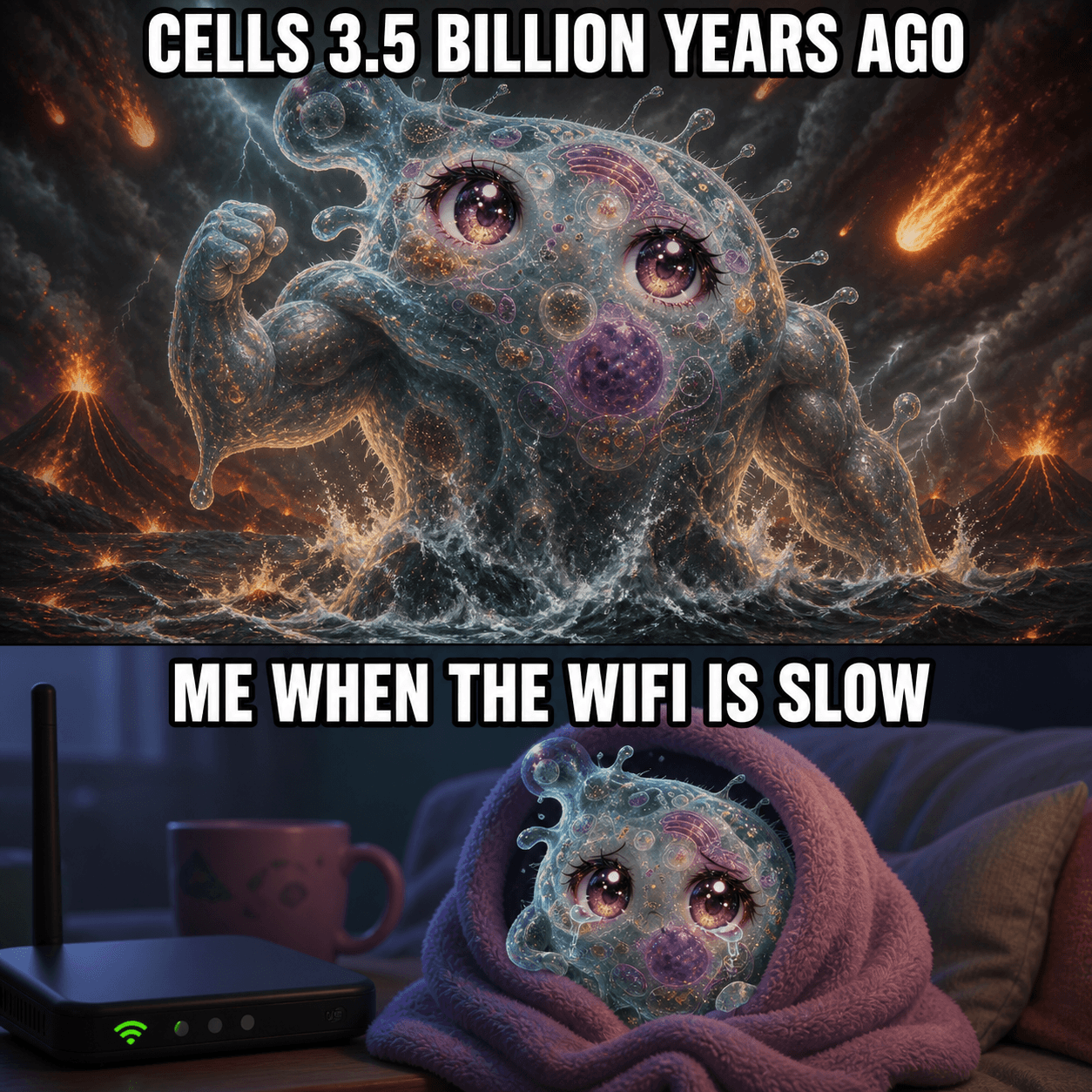 Amoeba Chan reaction meme comparing ancient survival with slow Wi-Fi