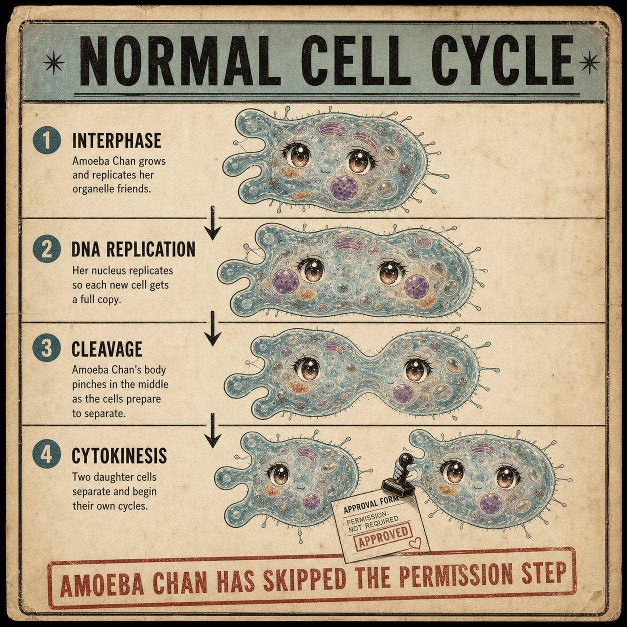 Amoeba Chan classroom biology chart meme about skipping the permission step