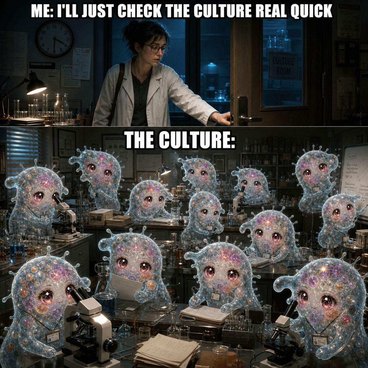 Two-panel Amoeba Chan colony reaction meme about checking the culture
