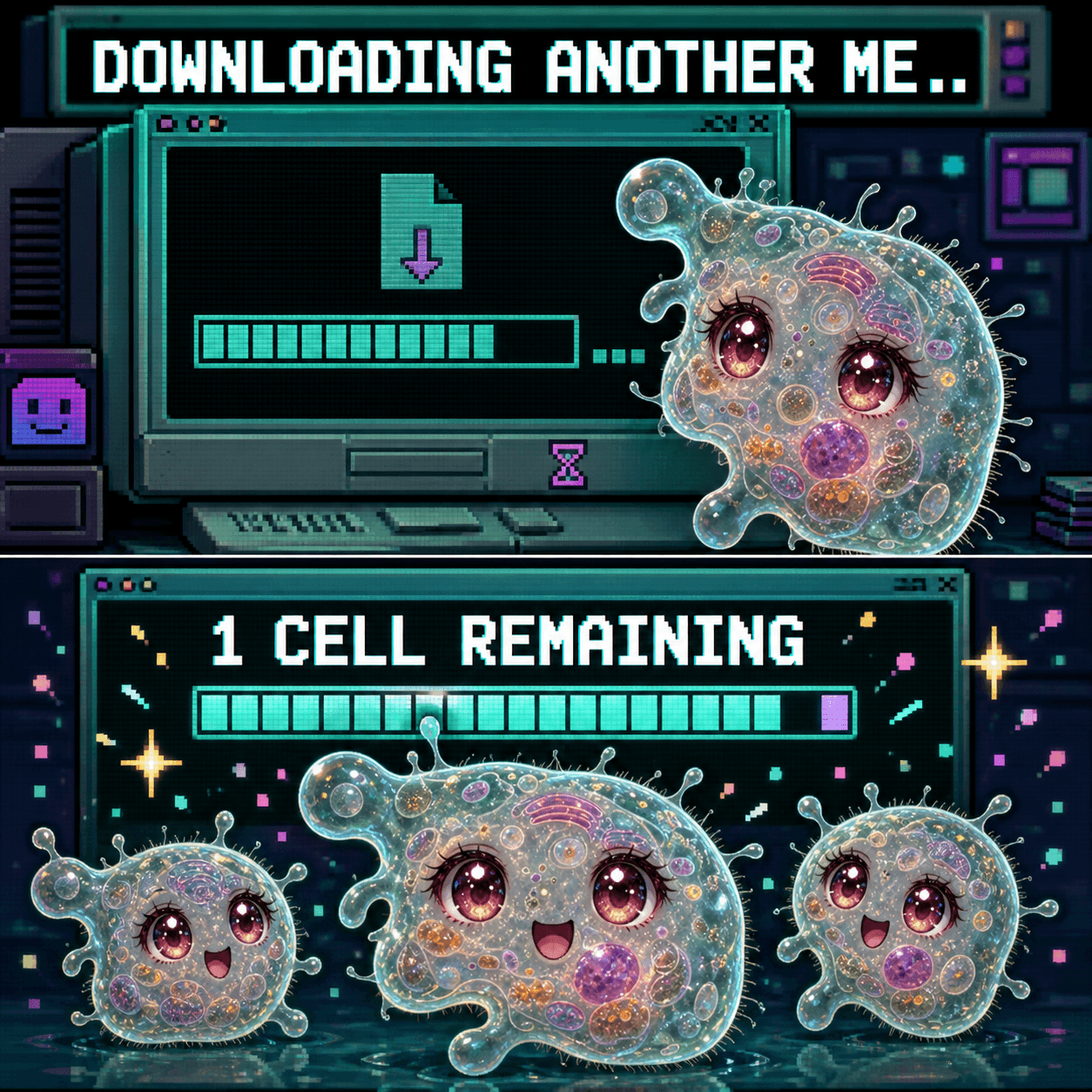 Amoeba Chan retro download screen meme about creating another cell