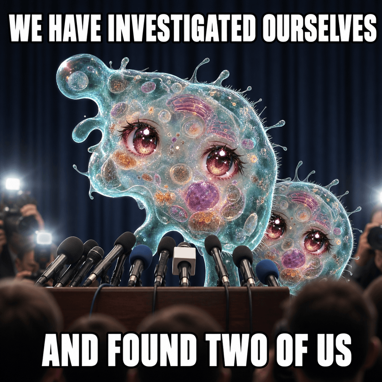 Amoeba Chan press conference meme with a daughter cell