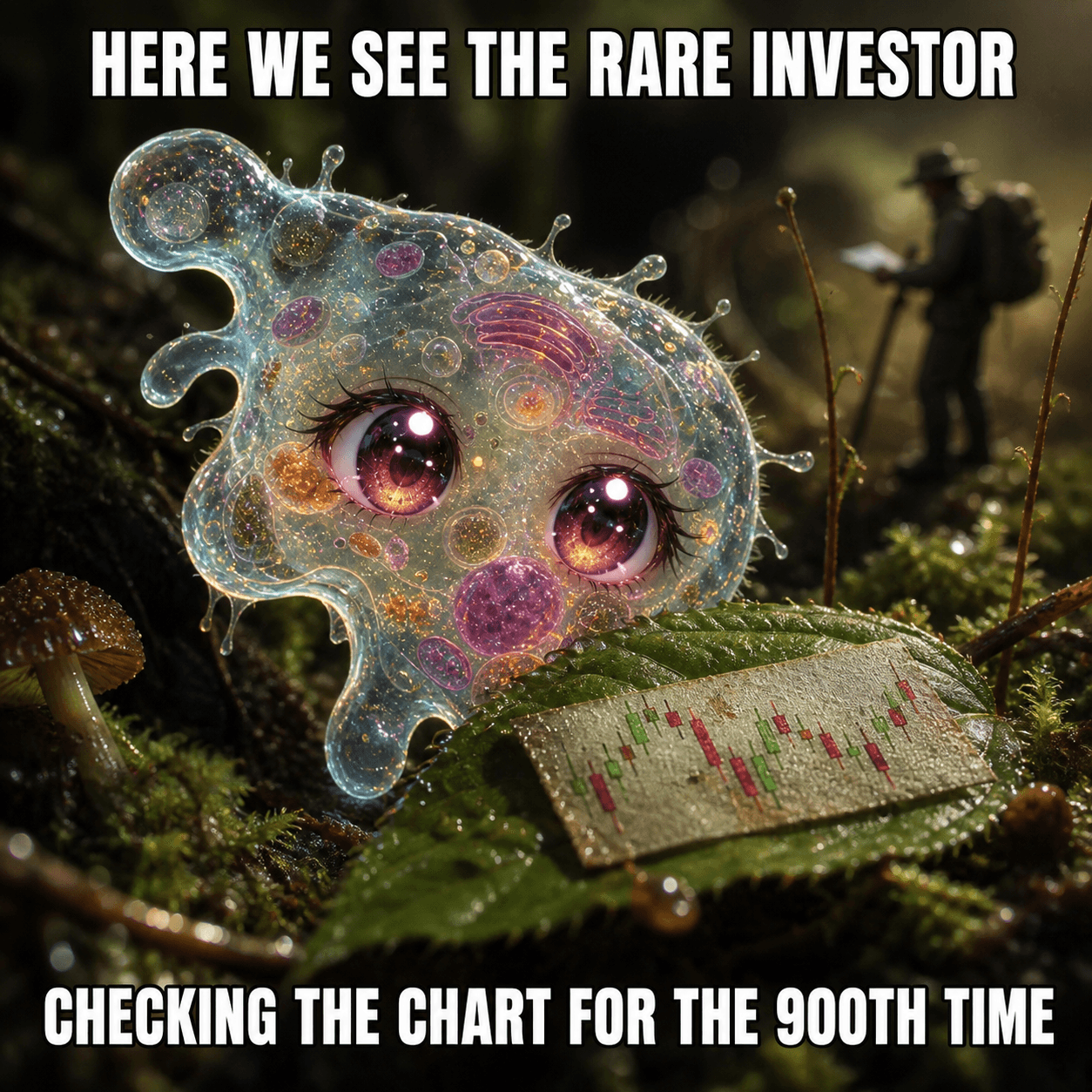 Amoeba Chan nature documentary meme about repeatedly checking a chart