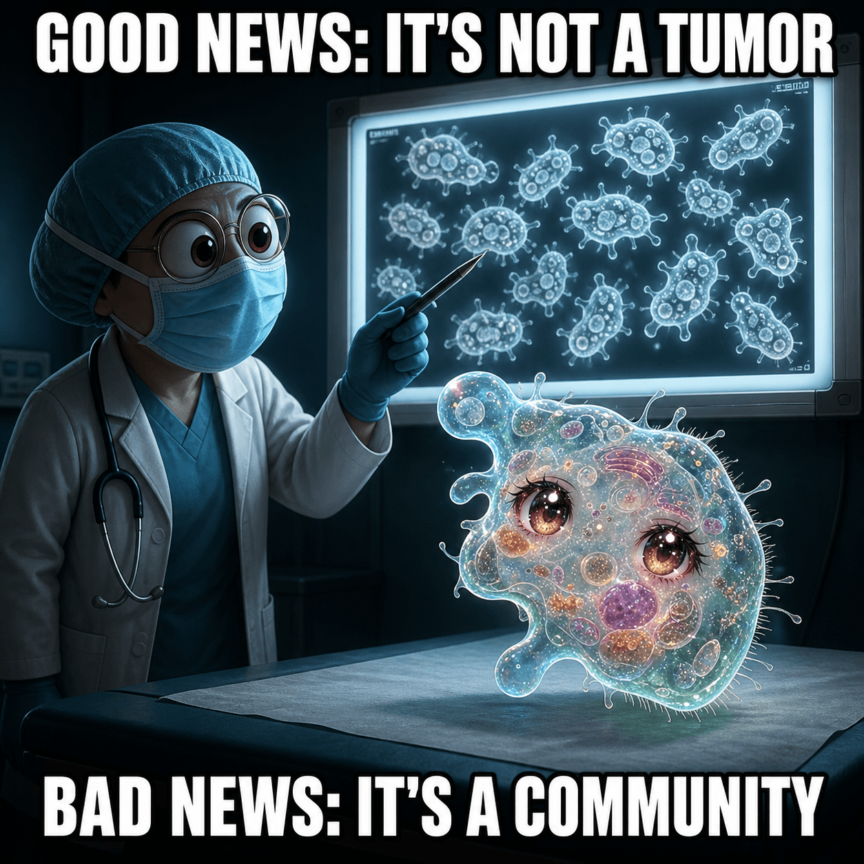 Amoeba Chan medical scan meme revealing a community of cells