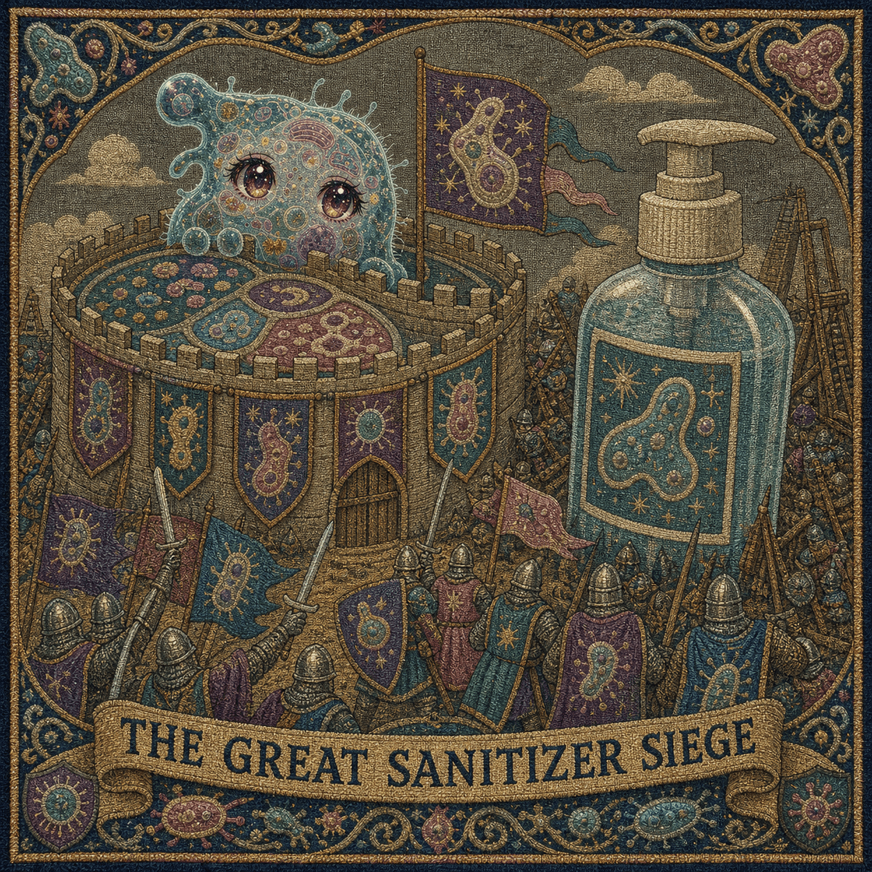 Medieval tapestry meme of Amoeba Chan defending a petri dish from sanitizer