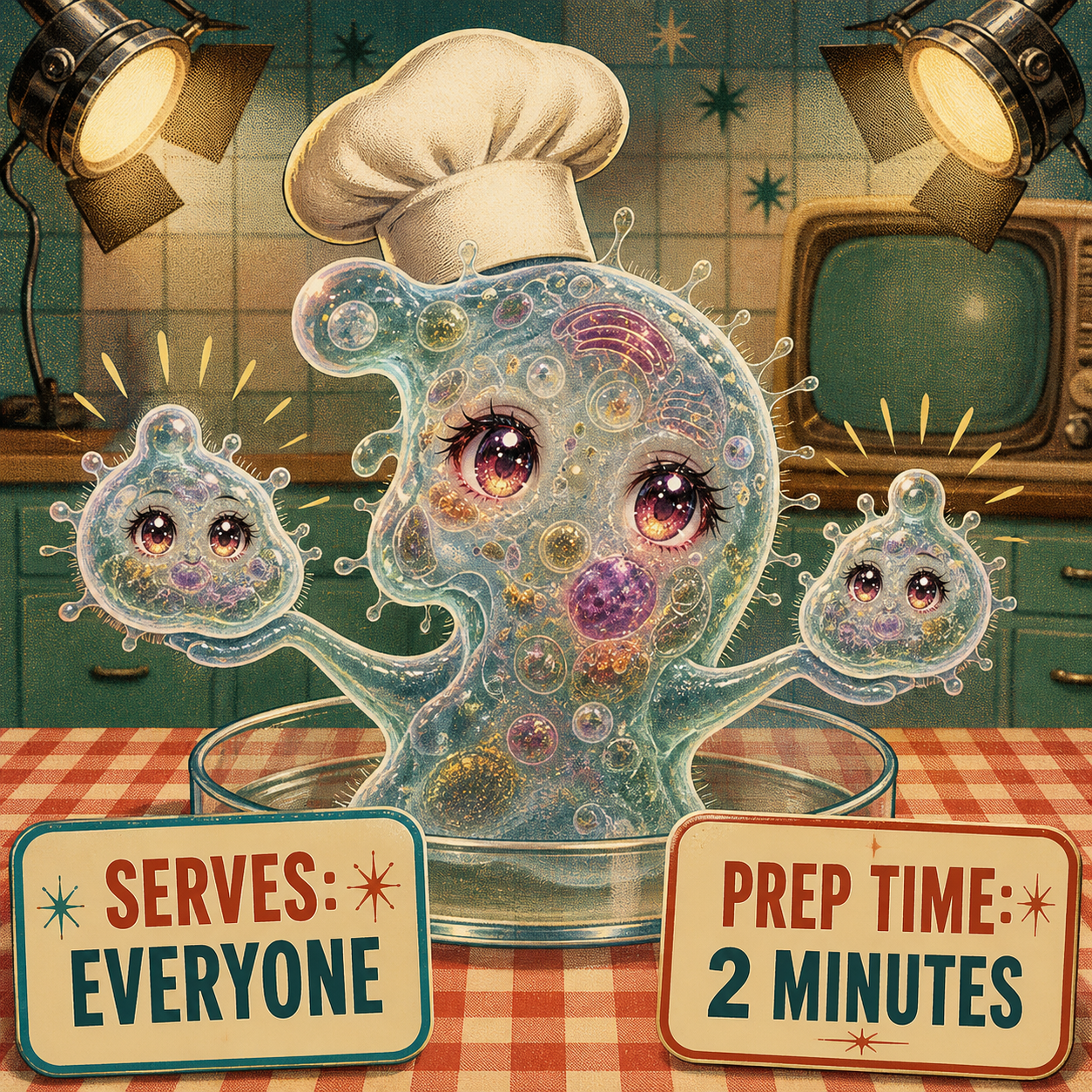 Amoeba Chan 1950s cooking show meme about division