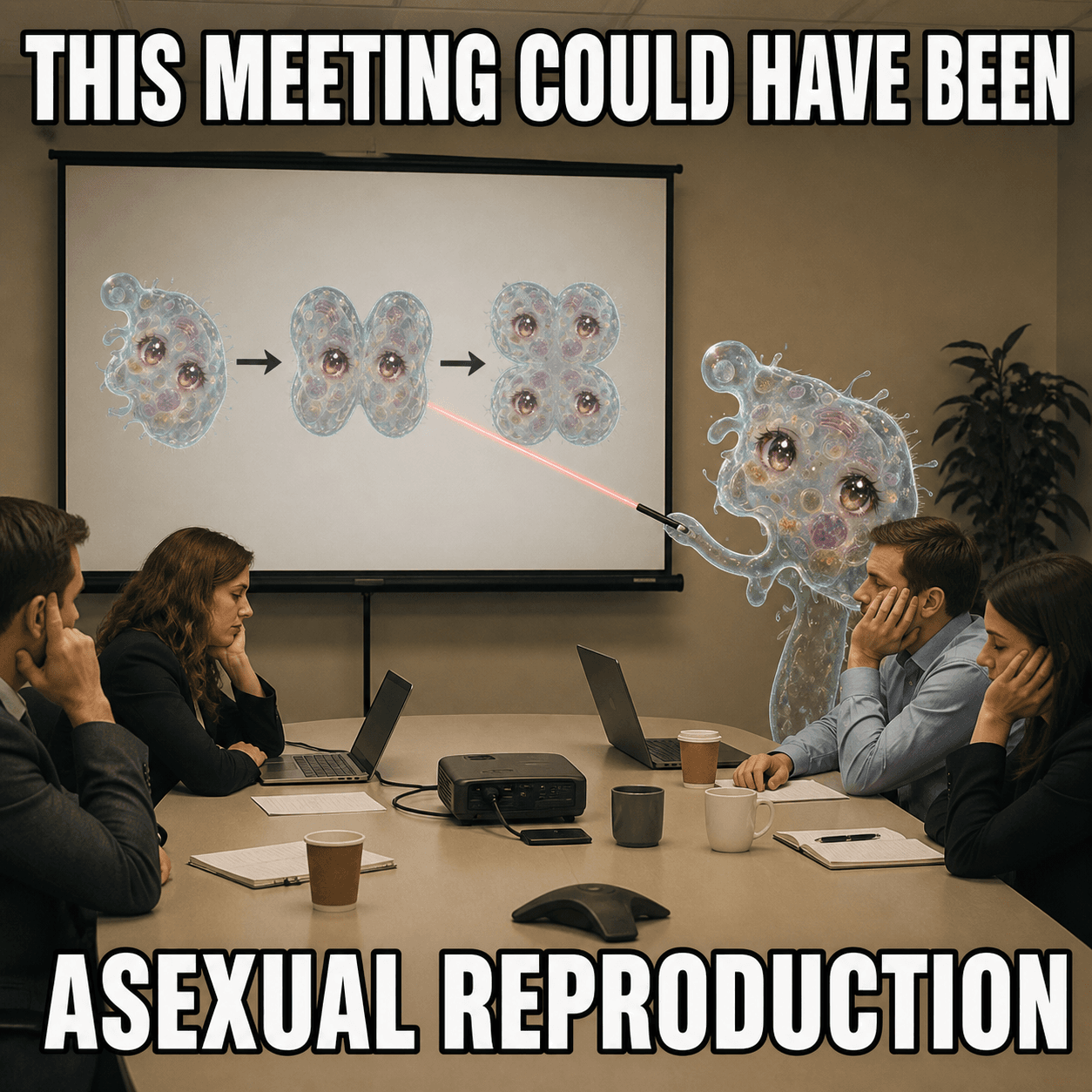 Amoeba Chan office meeting meme about asexual reproduction