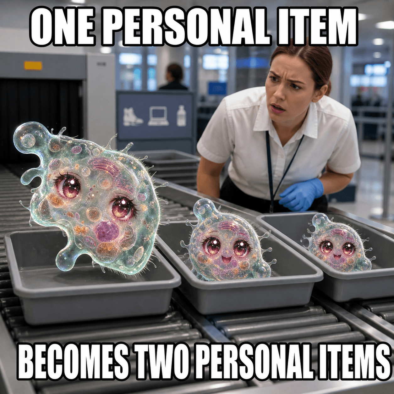 Amoeba Chan airport security meme about one cell becoming two