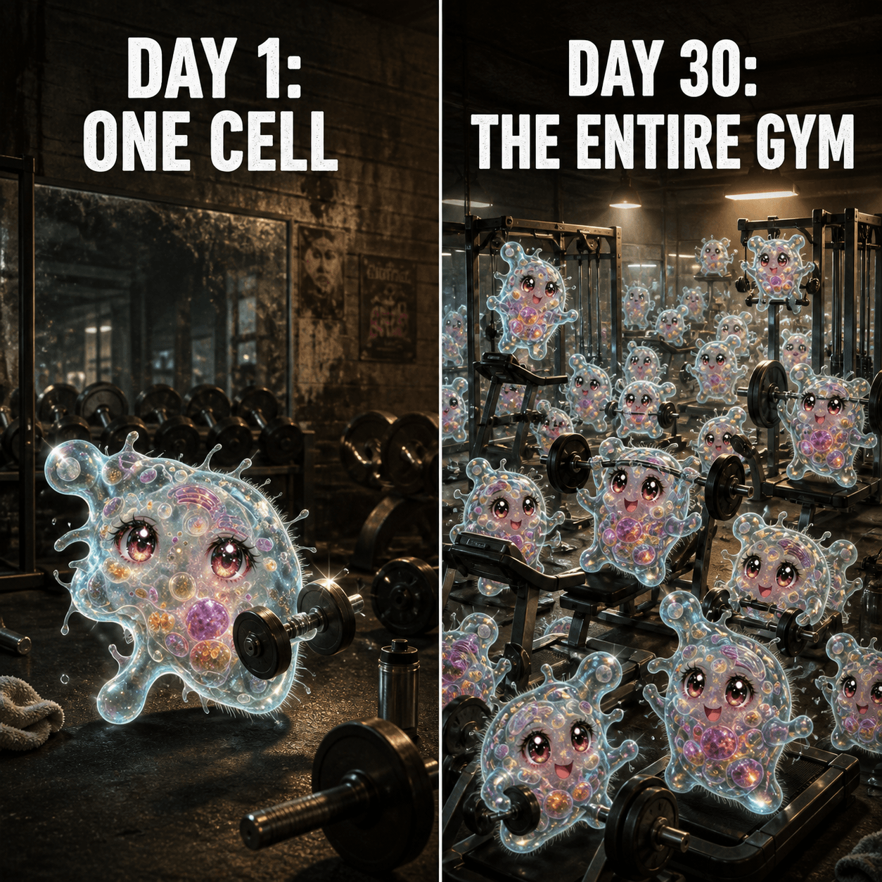 Amoeba Chan gym transformation meme from one cell to a full colony