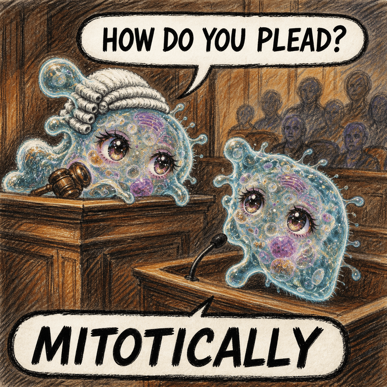 Amoeba Chan courtroom sketch meme about pleading mitotically